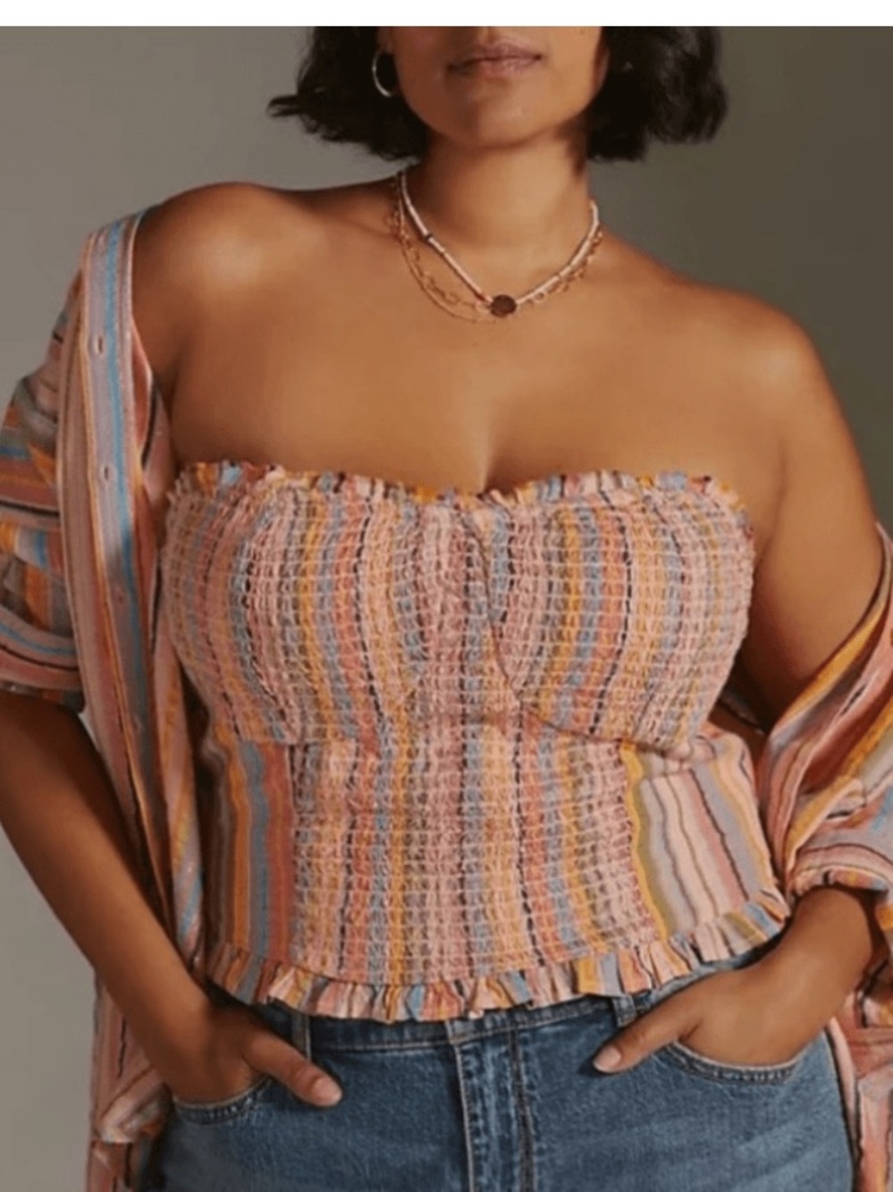 Anthropologie Rainbow Smocked Top Large Peach Multi Metallic Bustier